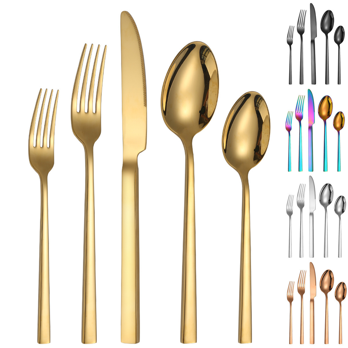 Hot Portugal 5pcs Gold Cutlery Dinner Spoons Forks And Knife Stainless Steel Cutlery For Wedding Student Flatware