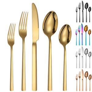 Hot Portugal 5pcs Gold Cutlery Dinner Spoons Forks And Knife Stainless Steel Cutlery For Wedding Student Flatware