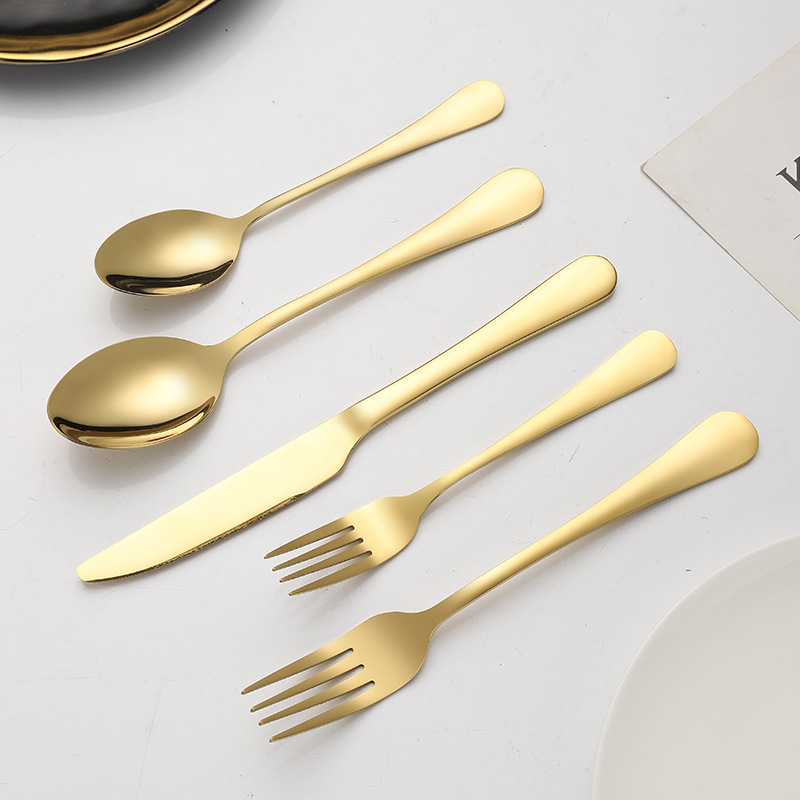 Hot Portugal 5pcs Gold Cutlery Dinner Spoons Forks And Knife Stainless Steel Cutlery For Wedding Student Flatware