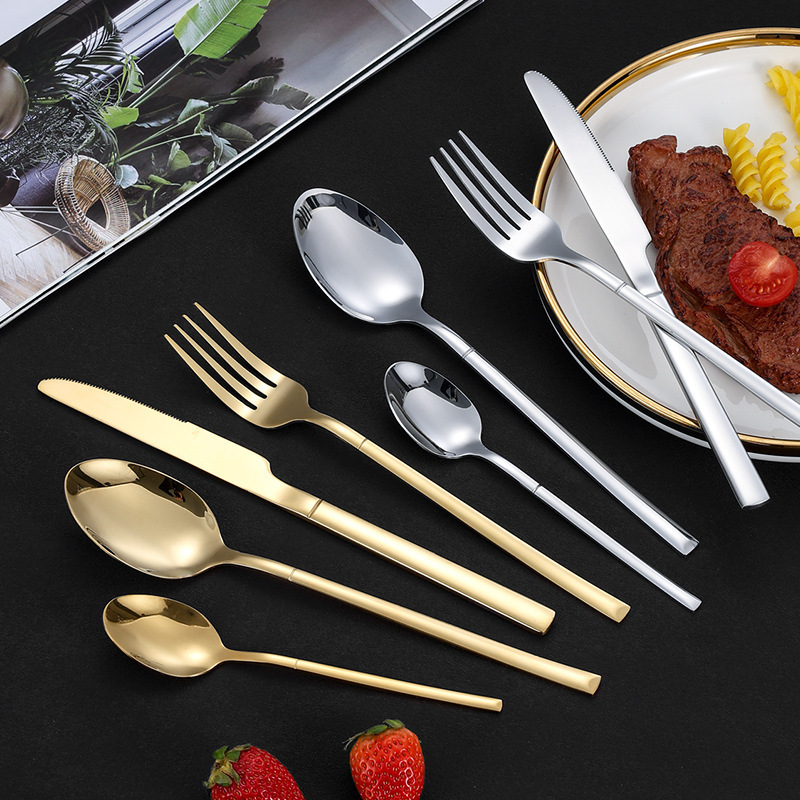 Wholesale Portugal Stainless Steel Cutlery Set High-End Restaurant 4pcs Gold Dinner Spoons Forks And Knife For Wedding