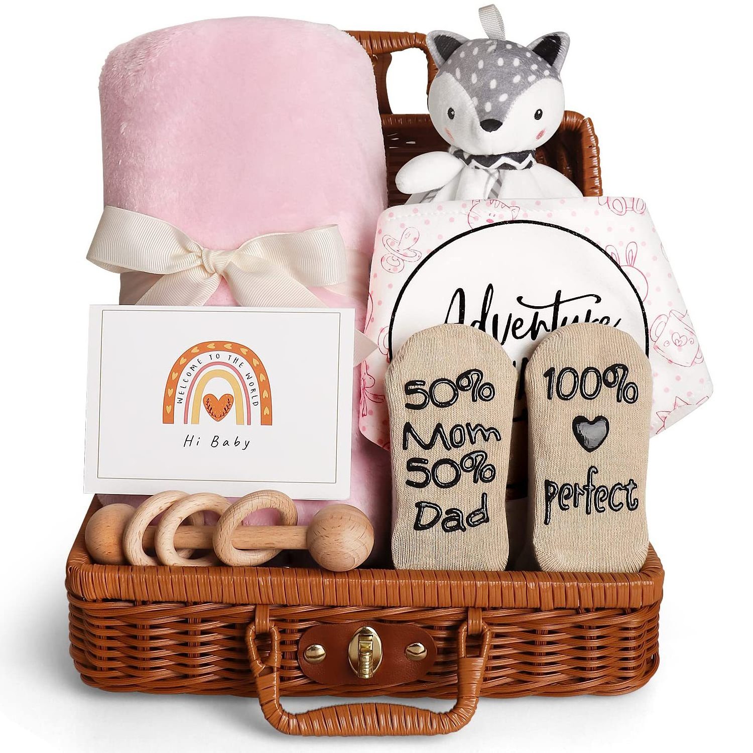 New Baby Shower gift Set Hamper Pink Newborn Gifts  Mum Neutral Newborn Gifts Basket with Baby Blanket