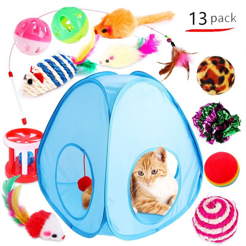 13 pcs/Pack Cat Toys Assorted Set Durable Interactive Cat Stick Mouse Spring Cat Tunnel Ball Kitten Toy for Indoor Outdoor