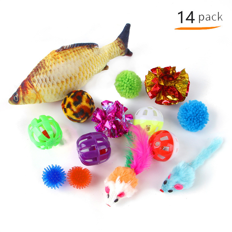 Hot Sale 14-pc  Pack of Kitten Toys Bulk Pet Feather Ball Interactive Mouse Cat Toy Set