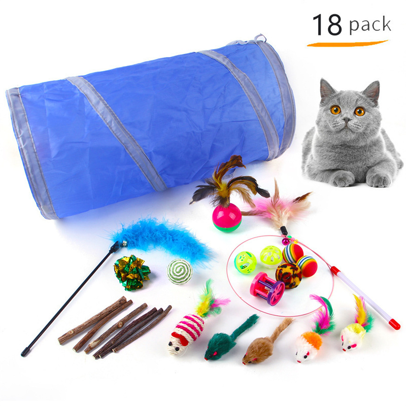 18-pc Interactive Cat Toy Set Kitten Toys Pack Tunnel Cat Feather Teaser Wand Toy Fluffy Mouse Crinkle Balls