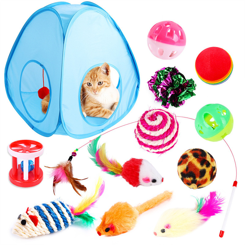 13 pcs/Pack Cat Toys Assorted Set Durable Interactive Cat Stick Mouse Spring Cat Tunnel Ball Kitten Toy for Indoor Outdoor