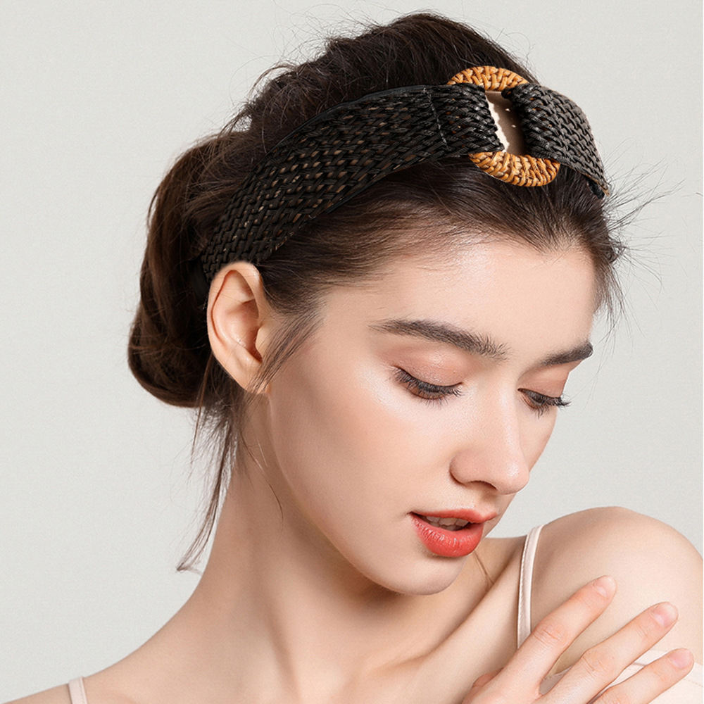 Retro Bamboo Buckle Straw Hollow Wide Brim Diademas Para Mujer Korean Girls Fashion Hair Hoop Accessories Womens Plain Headbands