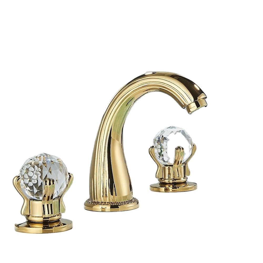 2023 High Quality Brass Gold Waterfall Basin Hot & Cold Water Faucet Countertop Mounted Crystal Handle  Basin Faucet