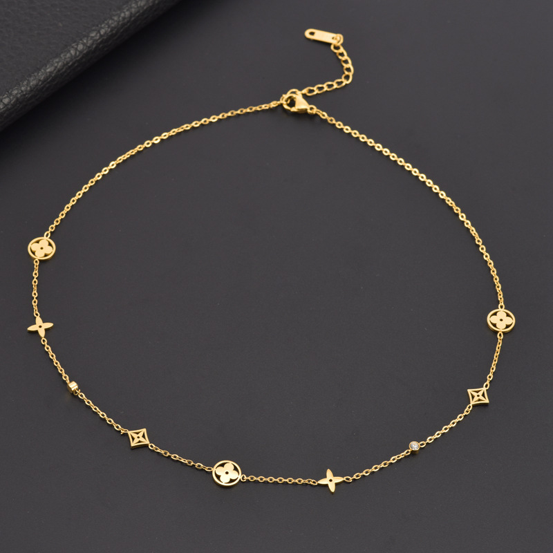 QIFEI Wholesale women's stainless steel flower zircon pendant bracelet necklace jewelry set