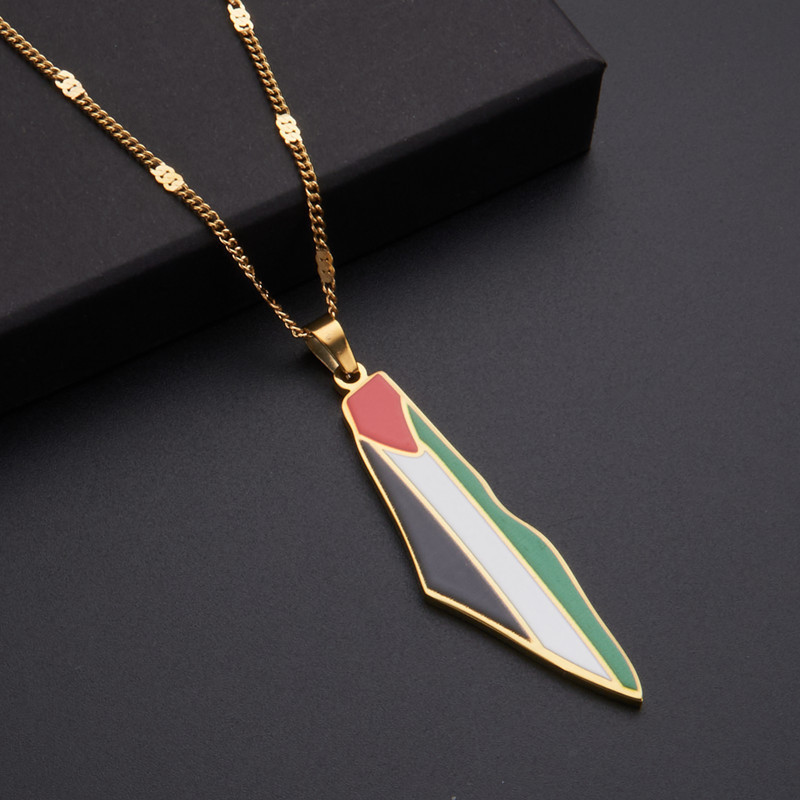 Qifei 18K Gold Stainless Steel Palestine Map Flag Pendant Necklace for Women and Man