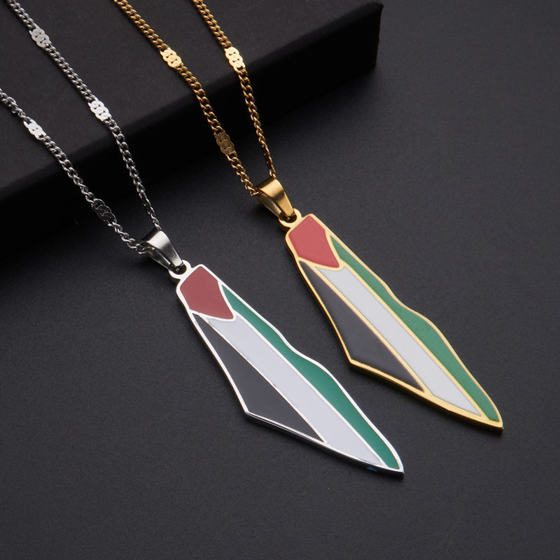 Qifei 18K Gold Stainless Steel Palestine Map Flag Pendant Necklace for Women and Man