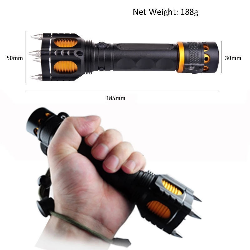 Unique 800LM T6 LED Flashlight Rechargeable Spikes Multifunctional Tactical Torch Lamp with Blade and Buzzer For Self-Defense