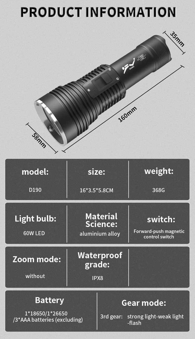 High Power Diving Flashlight IPX8 Highest Waterproof Rating Professional Diving Light Powered by 26650 Battery With Hand Rope