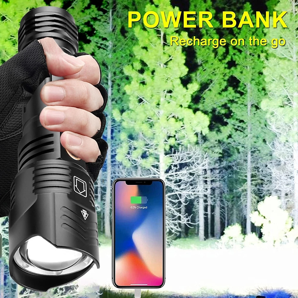 XHP160 LED Powerful Flashlight Type-C Rechargeable Zoomable Torch Light Hiking Emergency Camping Waterproof Tactical Flashlight