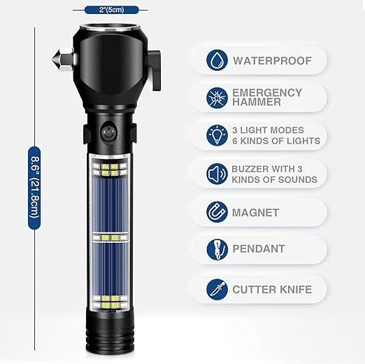 Tactical Flashlight Handheld Solar Powered Flashlights Multi Function Outdoor LED Built-in Battery Rechargeable Flashlight