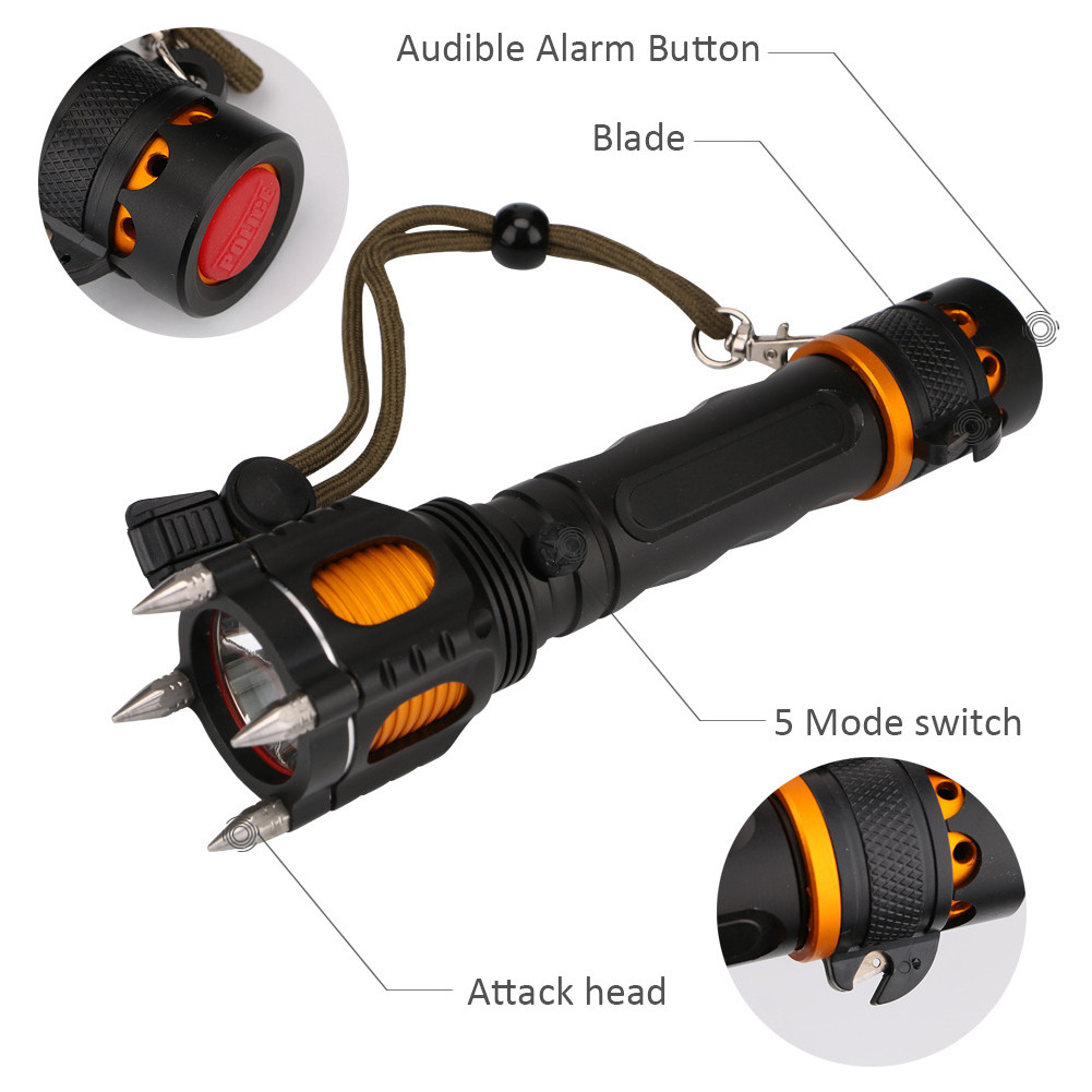 Unique 800LM T6 LED Flashlight Rechargeable Spikes Multifunctional Tactical Torch Lamp with Blade and Buzzer For Self-Defense