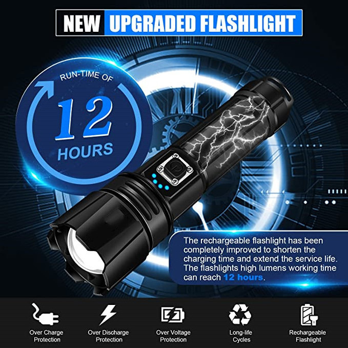 Flashlights 10000 High Lumens Rechargeable Flashlights Led torch XHP70.2 Super Bright Handheld Flashlights for Emergency Camping