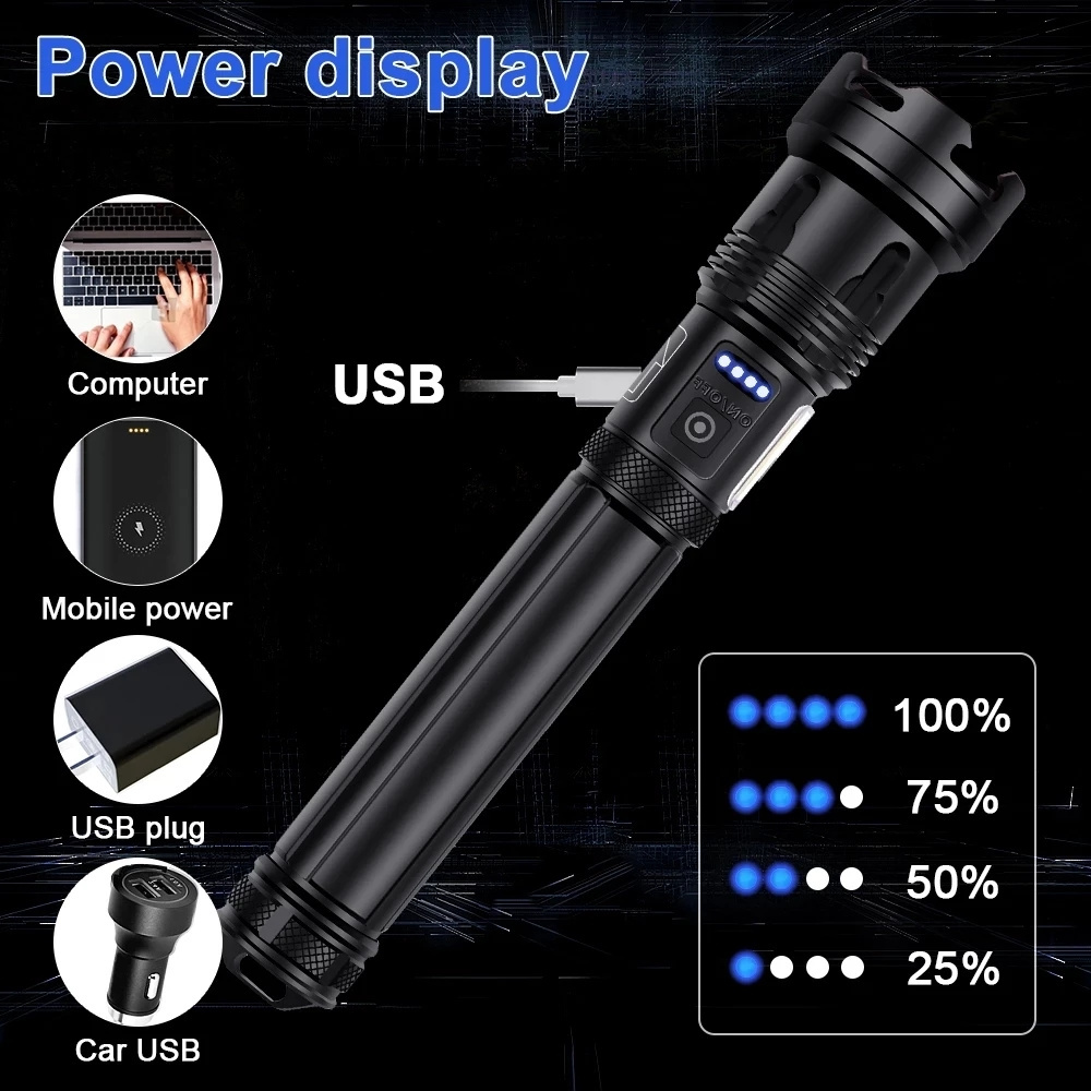 Tactical LED Usb Rechargeable self defense Flashlights 10000 High powerful Lumen fleshlight XHP90 recharging Flashlight with COB