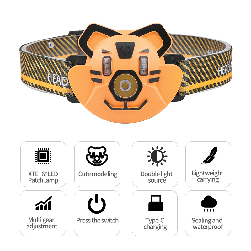 Cartoon Small Tiger Headlamp XPE Rechargeable Headlight 4 Modes Outdoor Portable LED Head Torch Riding Cycling Running Kid Gift