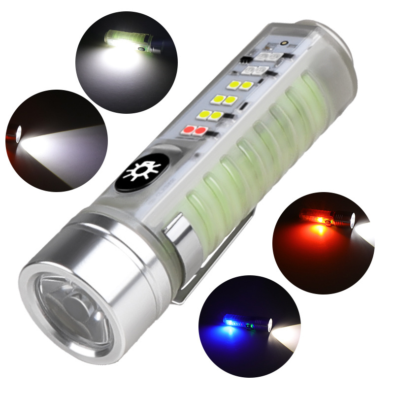 8 Modes Mini Keychain Flashlight USB C Rechargeable LED Lamp Magnet UV Light Multifunction Portable Pocket Lights & Side Light