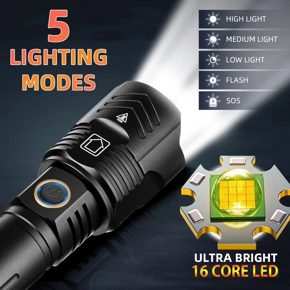 2024 Newest XHP199 16-core LED Flashlight Zoom USB Rechargeable Most Powerful XHP99 xhp90 XHP50 Torch 18650 26650 Handheld Light