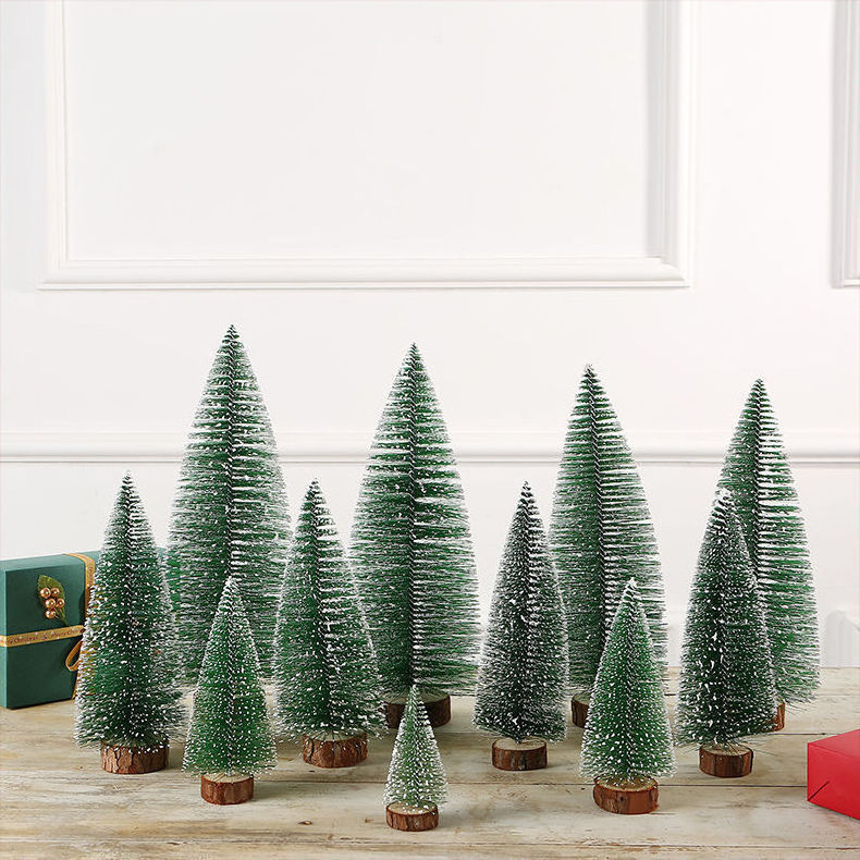 Beautiful Snow Frost Mini Christmas Tree Flocked Small Cedar Ornaments Home Pine Needle Tabletop Decor Wooden Base Xmas Tree