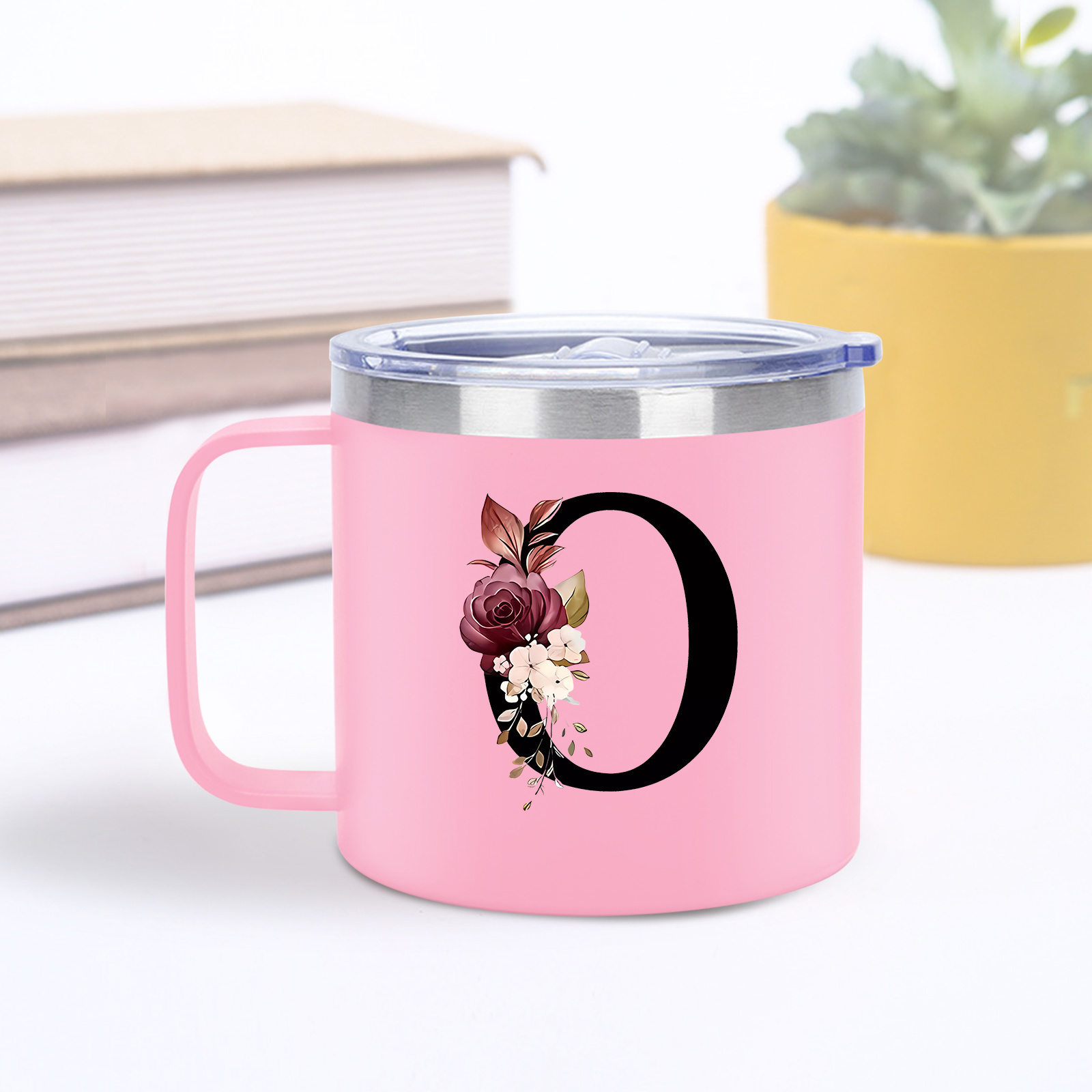 14oz Stainless Steel Insulated Coffee Mug Vacuum Travel Tumbler with Sliding Lid Customized Monogram Tea Cup Gift for Women Girl