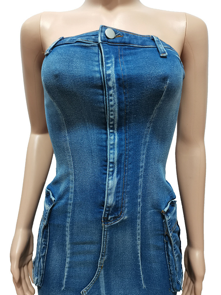 Summer boutique prom fashion S-2XL denim jeans strapless women bodycon dresses