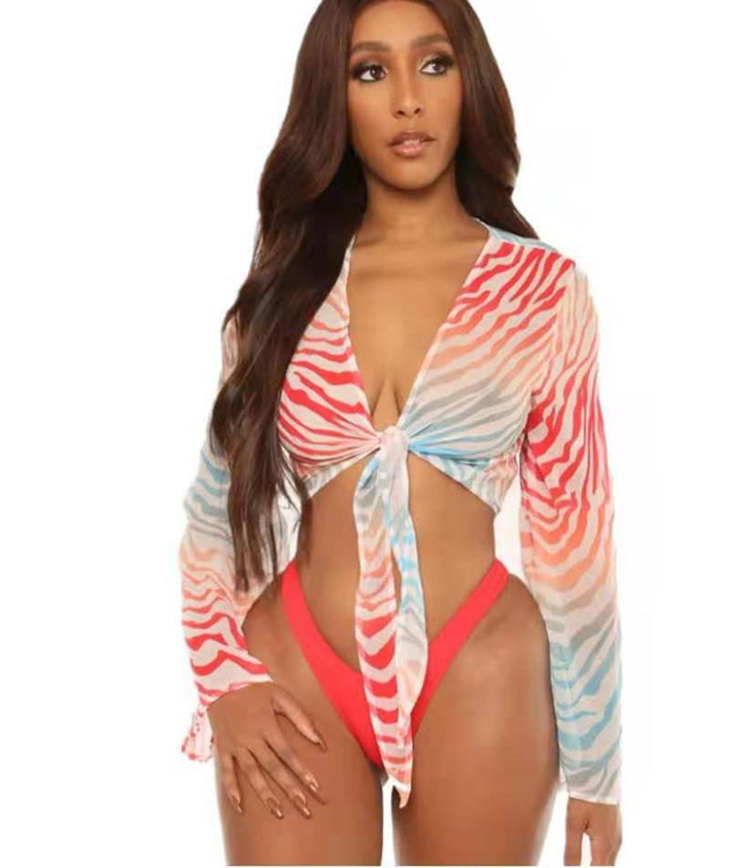 Mature Women Micro Bikini 3 Piece Swimsuit Zebra Striped String Chiffon Beachwear