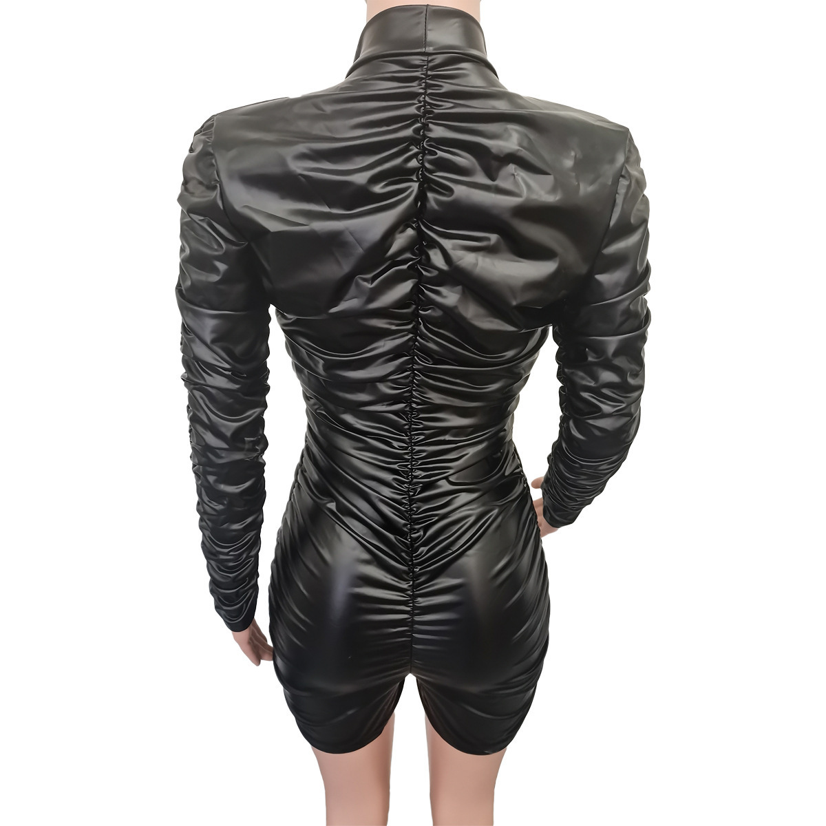 Sexy leather jumpsuits deep v neck long sleeve solid color jumpsuit shorts women