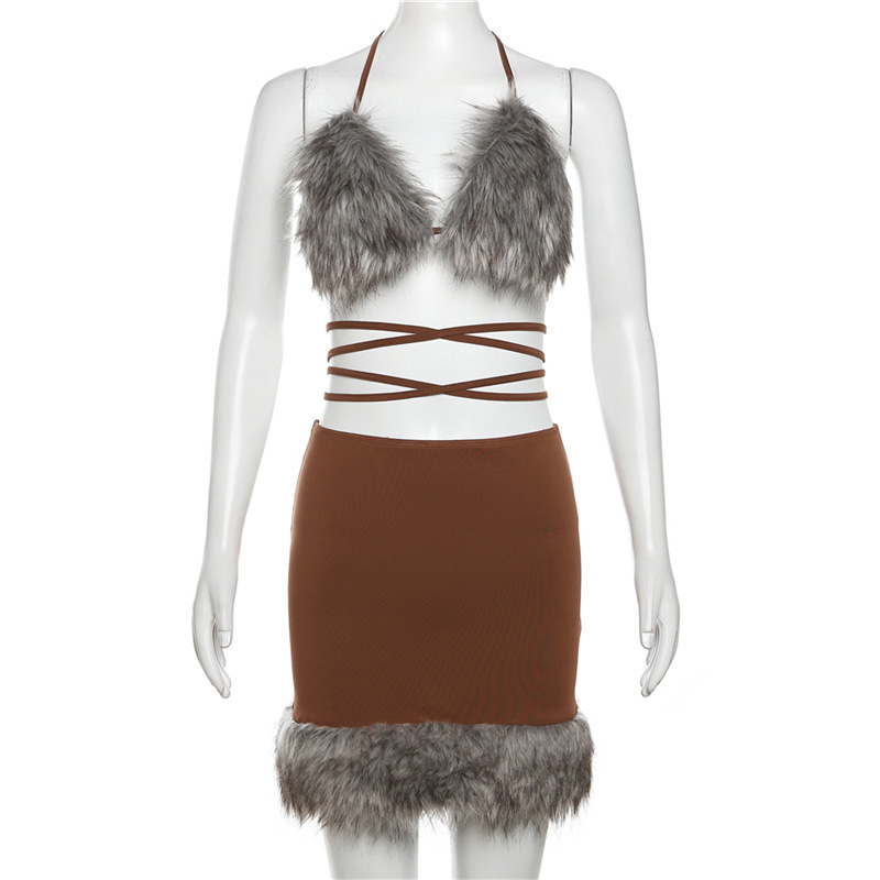 Winter skirt set women sexy halter lace up mini skirt fur 2 piece skirt set