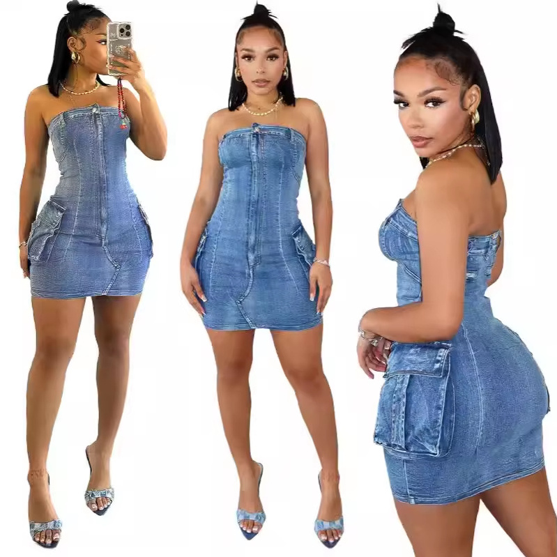 Summer boutique prom fashion S-2XL denim jeans strapless women bodycon dresses