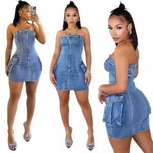 Summer boutique prom fashion S-2XL denim jeans strapless women bodycon dresses