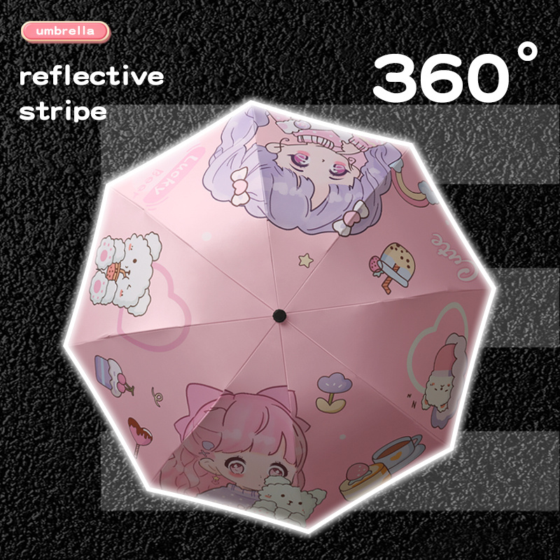 Cartoon cute manual children's umbrella folding portable small umbrella with reflective strip luminous safety