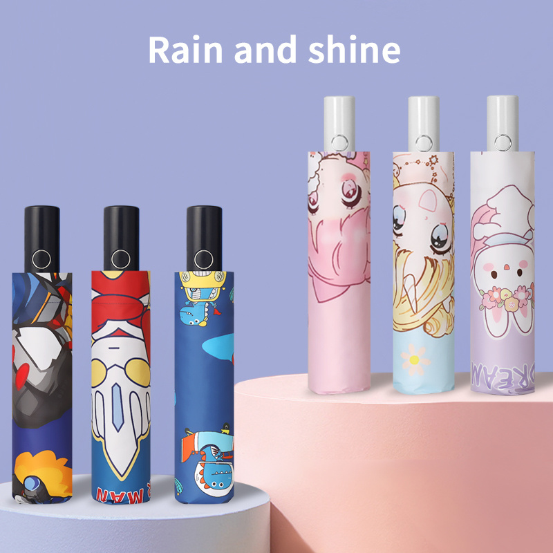 Cartoon cute children's special umbrella three fold automatic umbrella anti-rebound safety umbrella reflective strip halo