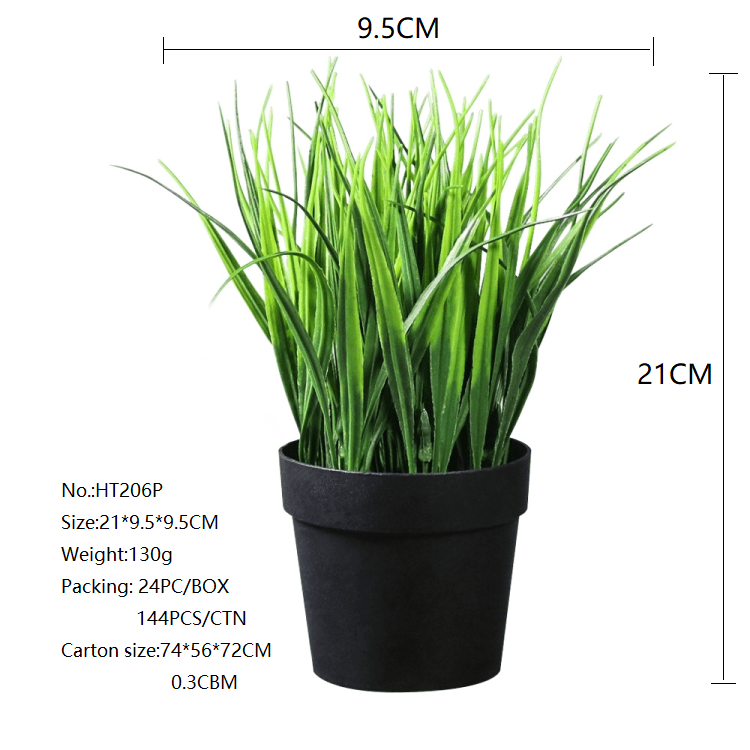 Artificial Bonsai Potted Plant For Home Gardening Customized Green Monochrome 21 Cm High Small Black Pot Spring Grass