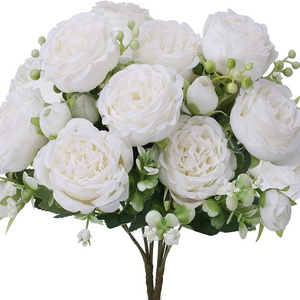 SEASON Colorful 5 Heads Peony Flower Natural Silk Wedding Decorative Flowers Bouquet White Roses Flowers Artificial