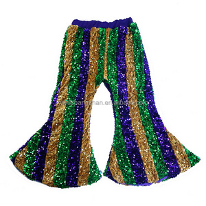 Boutique Mardi Gras Design Kids Girls Sequin Pants Elastic Waist Glitter Bell Bottom for Baby Children