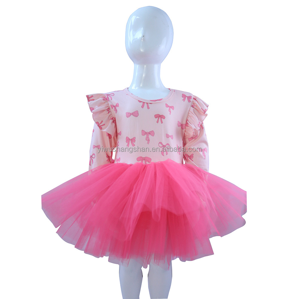 New Arrival Baby Girls Long Sleeve Tutu Dress Custom Cherry Printed Kids Puff Mesh Rompers