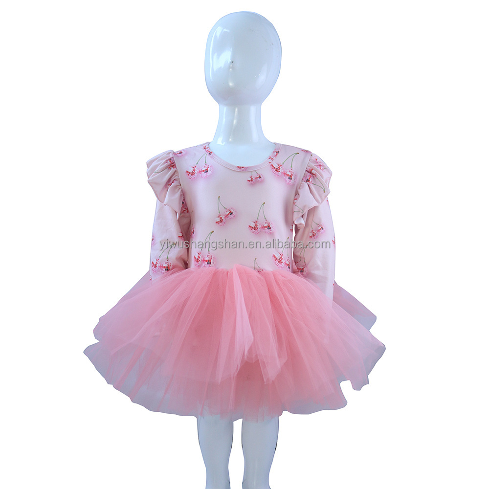 New Arrival Baby Girls Long Sleeve Tutu Dress Custom Cherry Printed Kids Puff Mesh Rompers