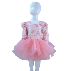 New Arrival Baby Girls Long Sleeve Tutu Dress Custom Cherry Printed Kids Puff Mesh Rompers