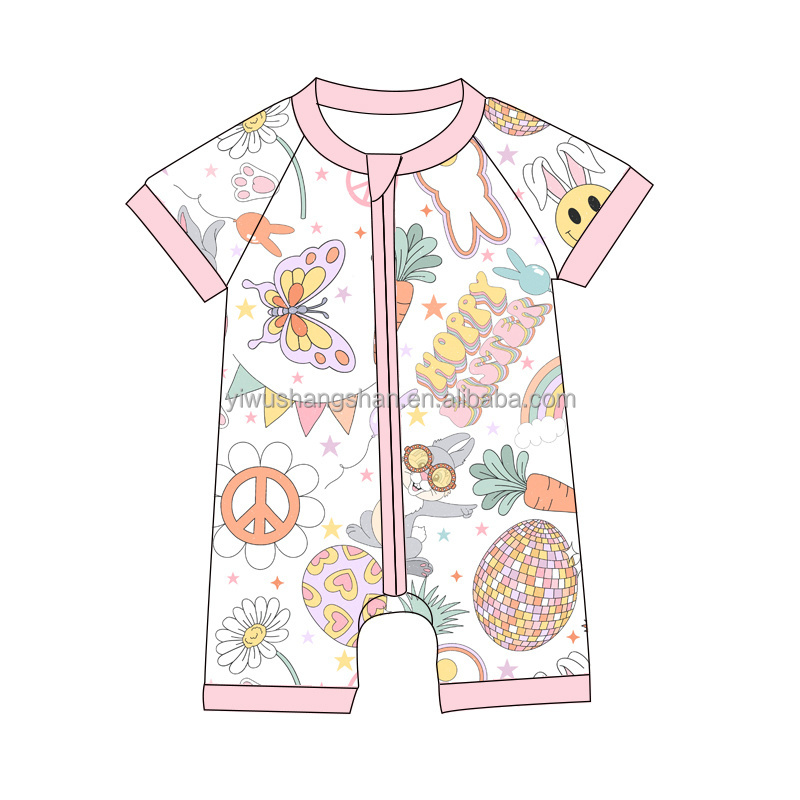 New design Easter Day Style Cartoon Pattern Print Milk Silk Fabric Newborn Onesie Infant Short Sleeves Baby Girls Rompers