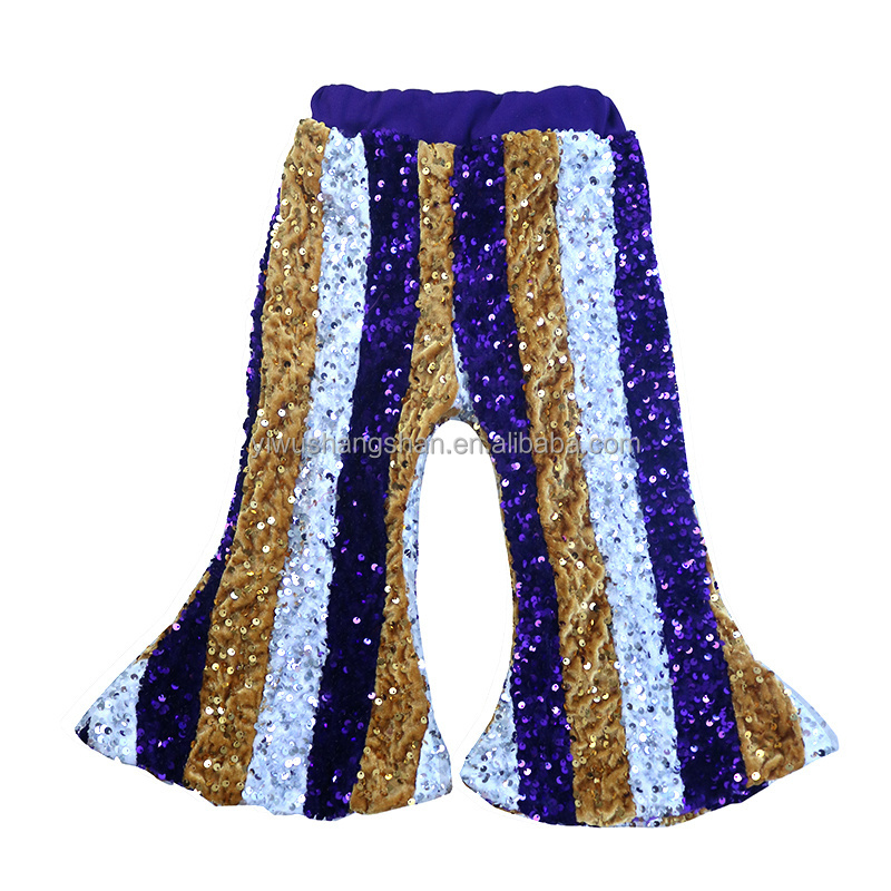 Boutique Mardi Gras Design Kids Girls Sequin Pants Elastic Waist Glitter Bell Bottom for Baby Children