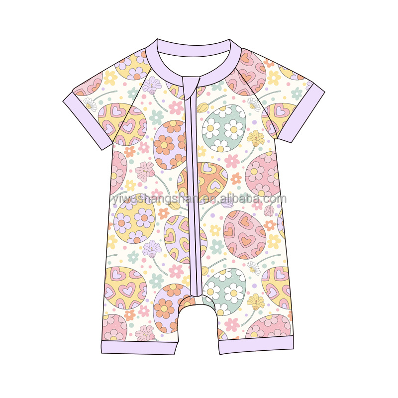 New design Easter Day Style Cartoon Pattern Print Milk Silk Fabric Newborn Onesie Infant Short Sleeves Baby Girls Rompers