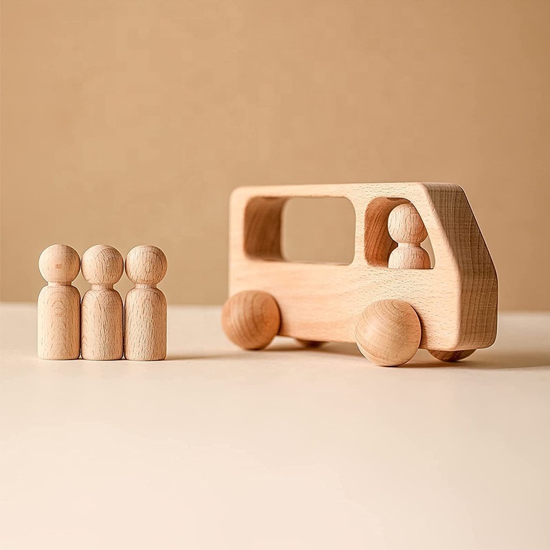 Wooden Mini School Bus Toy Car with Peg Dolls