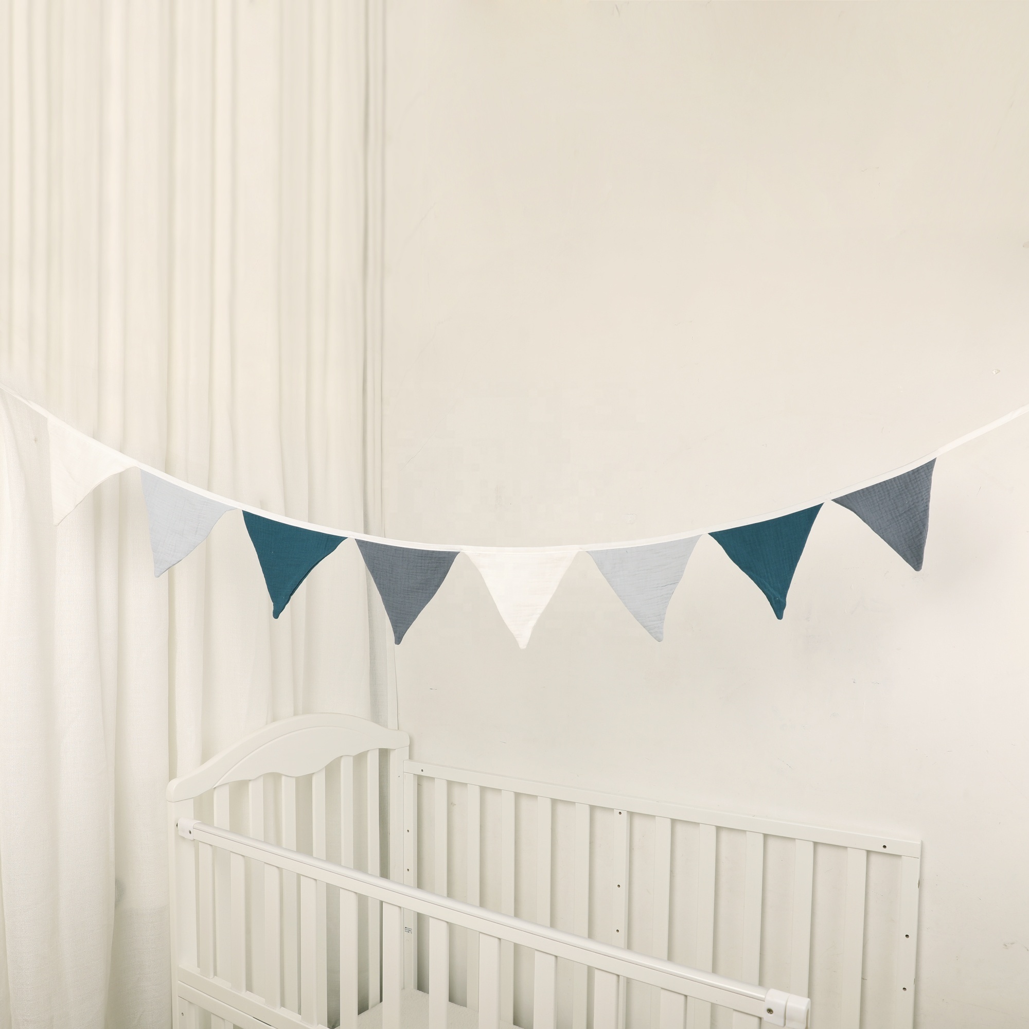 Blue Muslin Fabric Bunting Banner Flag Scandi Nursery Decor for Baby Boy