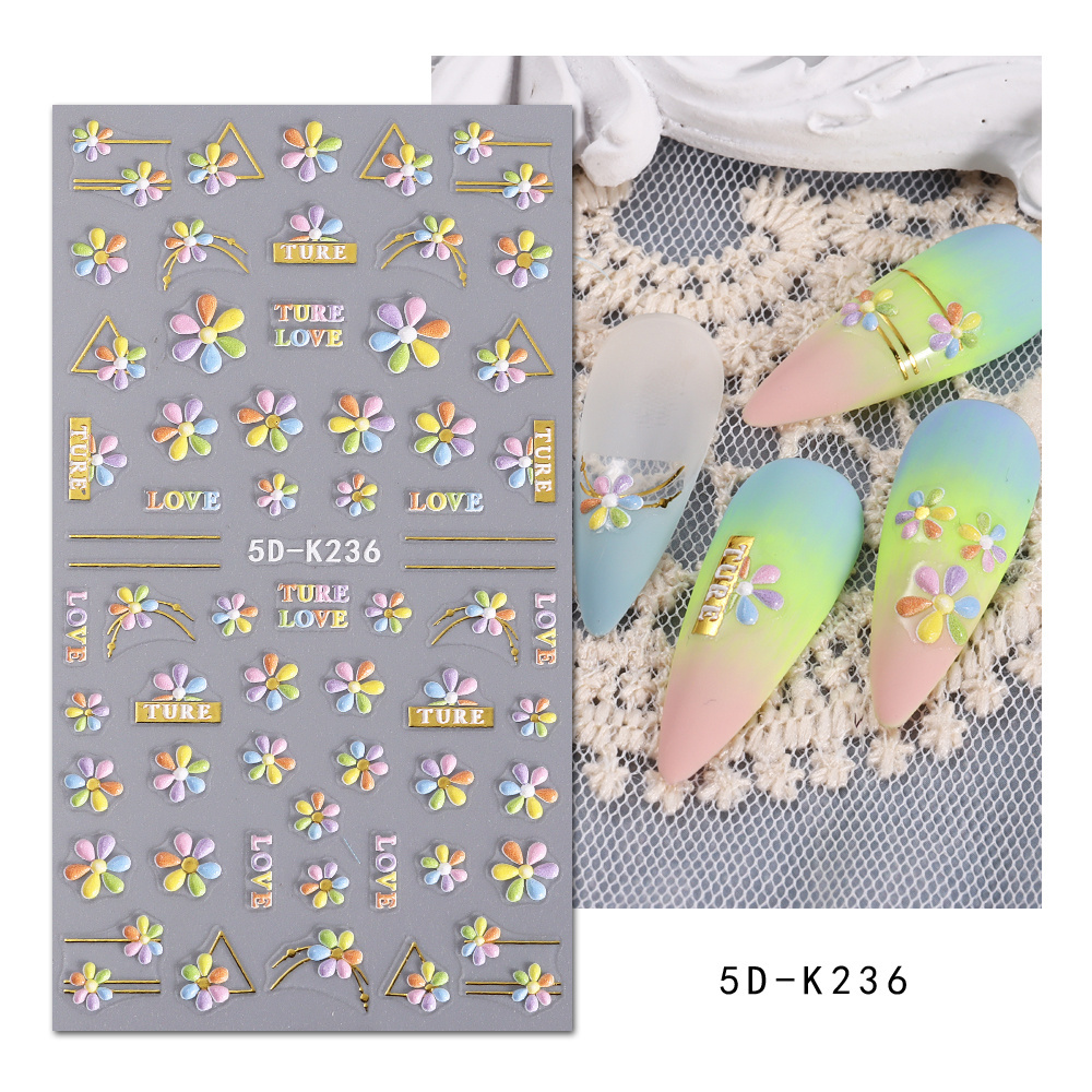 Hot Selling 5D Flower Nail Sticker Decals French Style Daisy Colorful Flowers Nail Art Sticker