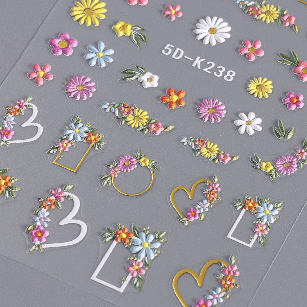 Hot Selling 5D Flower Nail Sticker Decals French Style Daisy Colorful Flowers Nail Art Sticker