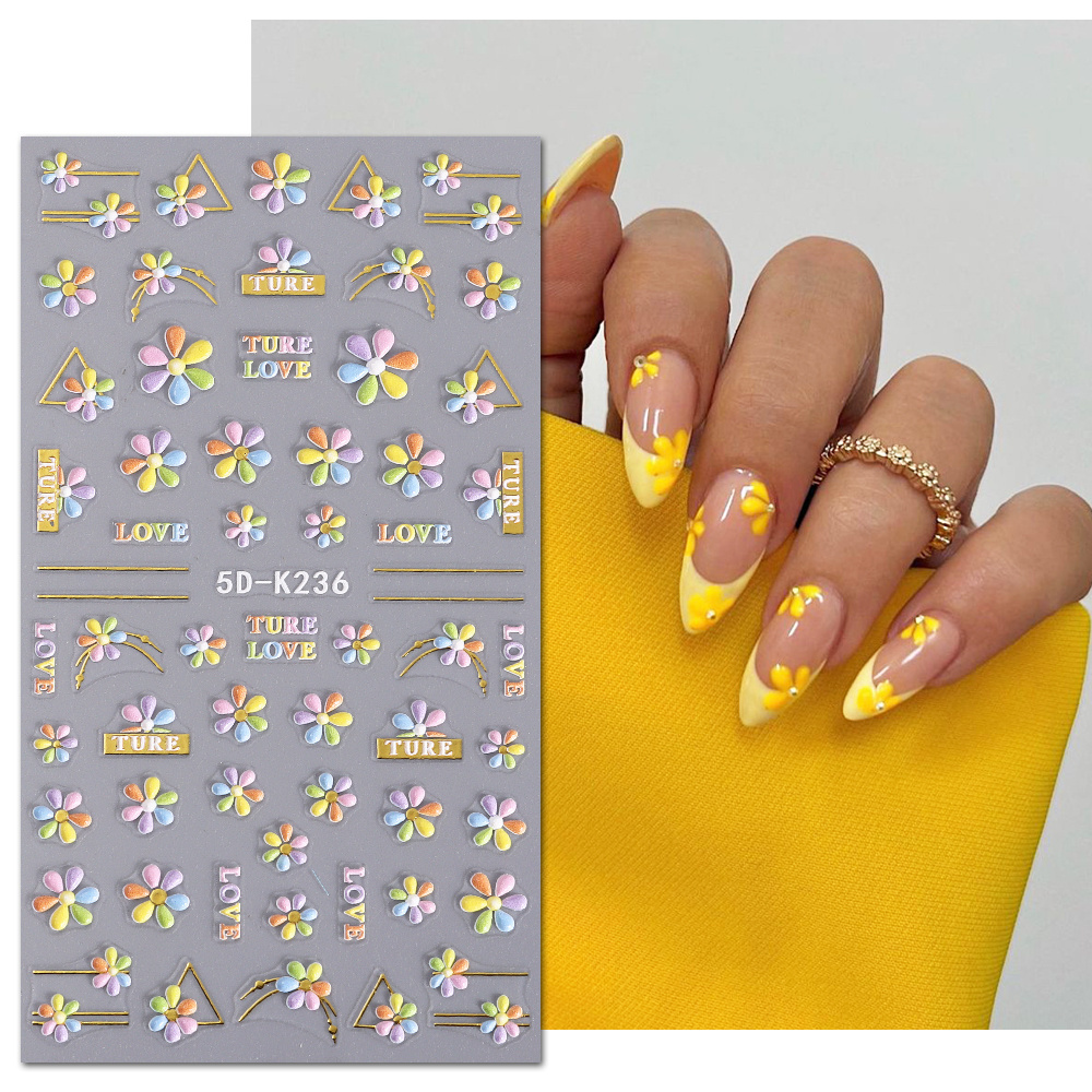 Hot Selling 5D Flower Nail Sticker Decals French Style Daisy Colorful Flowers Nail Art Sticker