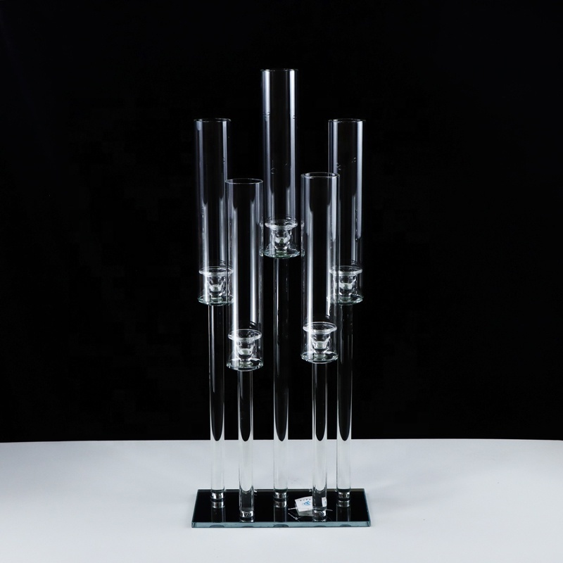 Wholesale glass tubes candle holder 5 arms crystal wedding candlestick centerpieces