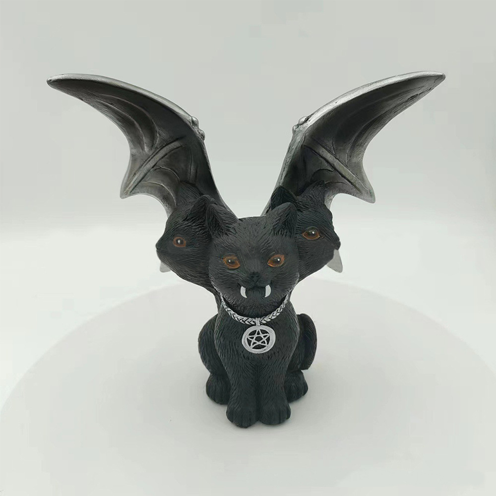 Creative Halloween Decoration Black Evil Bat Wings Three Headed Cat Handmade 3D Resin Craft Decoration